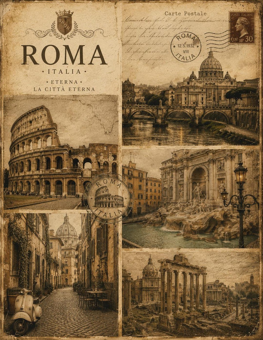 Rustic Rome Postcard Rome Decoupage Rice Paper, Vintage Italy Postcard Collage Roman ...