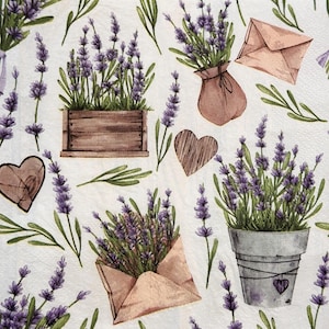 May include: A white background with a repeating pattern of lavender plants in wooden boxes and pots, bouquets in brown sacks and envelopes, and wooden hearts. The lavender has purple flowers and green leaves.