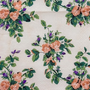 Vintage Floral Paper Napkin for Decoupage, Orange Roses Purple Buds Elegant Victorian Pattern for DIY Crafts Scrapbooking Card Making 10&#39;&#39;