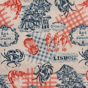 Servilleta costera portuguesa para decoupage con monumentos de Lisboa y Oporto, mariscos, cangrejos y camarones, 33 x 33 cm, para manualidades de verano.