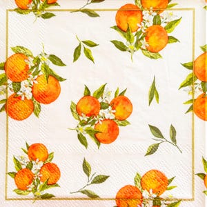Orange Citrus Fruit Decoupage Paper Napkin, Orange Blossom Branches, Mediterranean Kitchen Decor, Summer Scrapbook DIY Cardmaking, 1 PC 10''