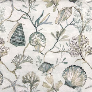 Guardanapo de papel para decoupage de algas marinhas, corais, estrelas do mar, conchas costeiras, artesanato de praia, oceano, verão, papel fino para projetos faça você mesmo, guardanapo de 13&#39;&#39;, 1 peça