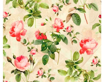Diseño floral vintage de rosas para decoupage en papel de arroz, estilo botánico shabby chic, flores rosas, diseño romántico para manualidades, papel o cartulina, 7"x11"
