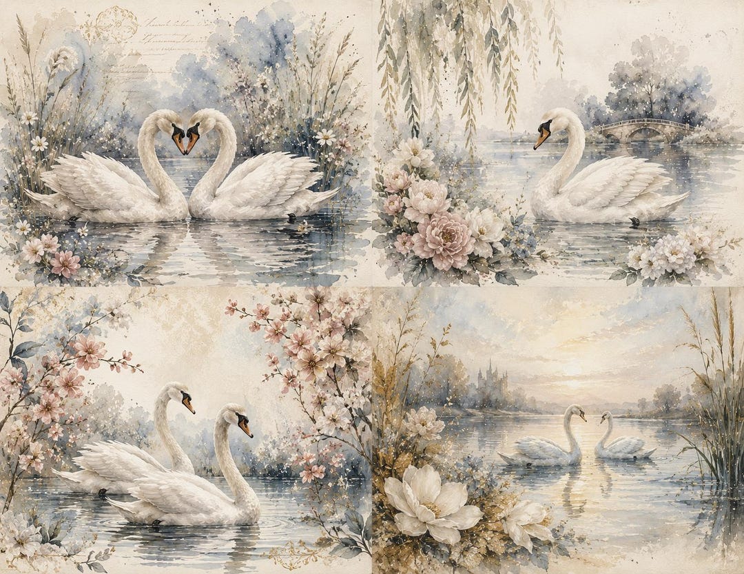 Pink Swan Rice Paper Swan Decoupage Rice Paper, Watercolor Swan Lake Floral Romantic ...