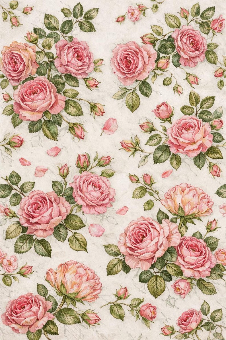 Rustic Roses Cardstock Vintage Pink Roses Decoupage Rice Paper Floral Botanical Seamless ...