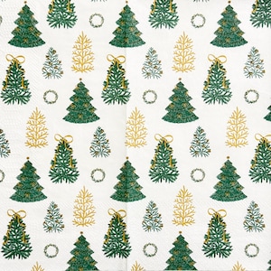 Gold Green Christmas Tree Pattern Decoupage Napkin with Holiday Wreaths and Ribbons, Thin Paper Crafts, Scrapbooking, Card Making 16&quot; 1PCs