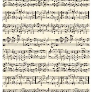 Può includere: Spartito musicale con note nere e simboli musicali su carta invecchiata color crema. Il testo include termini musicali come "d. Moderato" e "Dance". La parte inferiore della pagina riporta il testo "Vintage Paper" e un codice prodotto.
