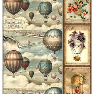 Decoupage Rice Paper Vintage Hot Air Balloons Design | Paper or Cardstock Options Available for DIY Crafts Art Projects Card making 7"X11"