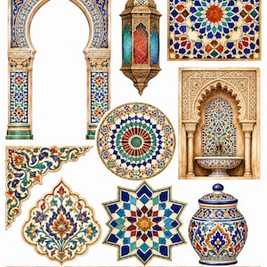 Può includere: Una collezione di elementi architettonici e decorativi che include un arco piastrellato, una lanterna in metallo con vetro colorato, un pannello di piastrelle quadrate, una fontana a muro, un mosaico circolare, una stella, un vaso e motivi floreali.