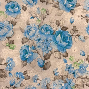 Serviettes en papier florales roses bleues de style vintage pour découpage, scrapbooking, fabrication de cartes, collage, artisanat, motif floral romantique, 33 x 13 pouces