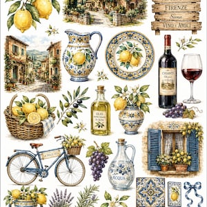 May include: A collection of watercolor illustrations featuring Italian themes including lemons, a stone villa, a wooden sign with text TOSCANA, a bicycle with a basket, wine, olive oil, grapes, a window with blue shutters, and decorative ceramic pottery.