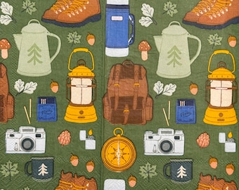 Decoupage Paper Napkin Camping Lantern Backpack Compass Camera Boots Green Forest Style Thin Tissue Napkin 16'' for Crafts DIY Napkin 1pcs