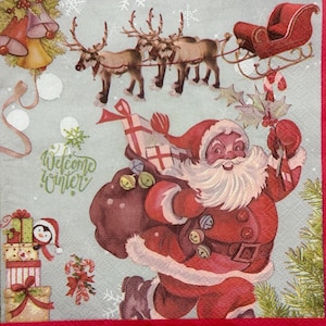 Vintage Weihnachtsmann und Rentierschlitten Dünne Papierserviette für Weihnachten Decoupage Scrapbooking Handwerk Kartenherstellung Winter Dekor Serviette 13 ''
