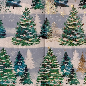 Christmas Paper Napkin with Festive Green Trees, Golden Accents, and Snowy Landscape for Decoupage Scrapbooking Cardmaking 15.3 x 11.4&#39;&#39;