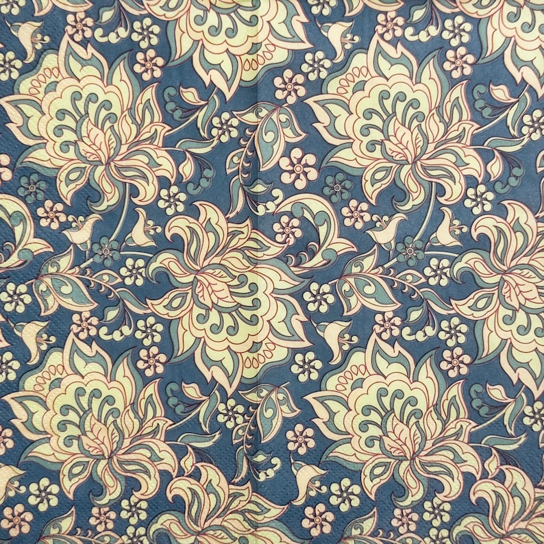 May include: A repeating floral pattern in shades of blue, cream, and peach. Large stylized flowers and smaller blossoms are arranged across the surface. The design has a vintage, slightly faded appearance, suggesting a classic textile or wallpaper.