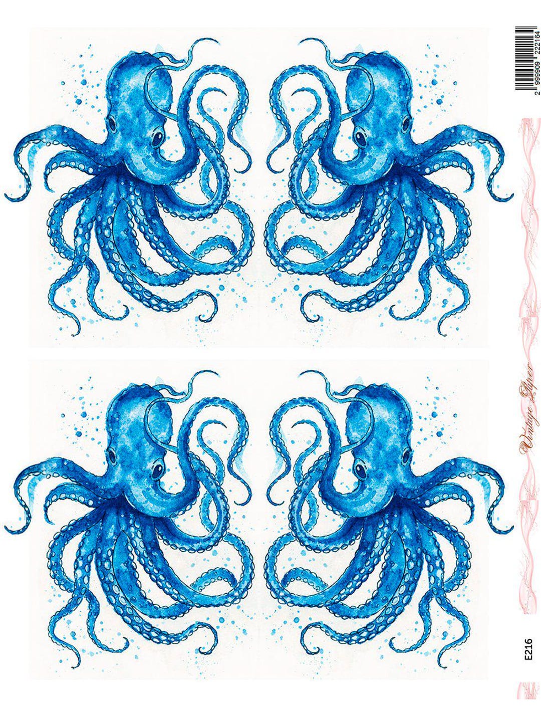 Blue Octopus Decoupage Rice Paper Watercolor Ocean Sea Life Marine ...