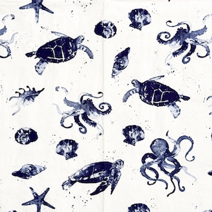 May include: White background with a repeating pattern of navy blue sea creatures. The design includes turtles, octopuses, starfish, and seashells. The watercolor style adds a soft, artistic touch to the nautical theme.
