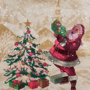 Tovagliolo natalizio per decoupage con Babbo Natale che tiene un regalo e una scena di albero innevato, artigianato festivo, tovagliolo natalizio per decoupage da 13''
