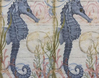 Serviette en papier pour décoration côtière, hippocampe, algues marines pour travaux manuels de plage, océan mer, décoration nautique, scrapbooking, fabrication de cartes 16 pouces 1 pièces
