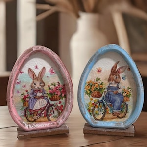 Handmade Easter Bunny Decor, Decoupage Rabbit Art, Pink or Blue Choice Egg-Shaped Figurine, Spring Table Decor, One Piece Rustic Gift 8&#39;&#39;