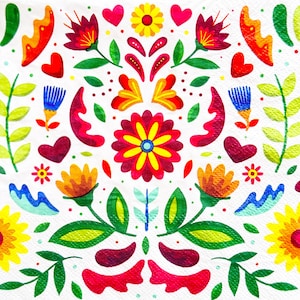 Servilleta de papel con diseño floral folclórico colorido para decoupage, flores otomíes mexicanas, corazones, hojas, tejido fino brillante, decoración para Fiesta Cinco de Mayo, 1 pieza de 13 pulgadas