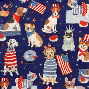Serviette de table rigolote chiens patriotiques à servir avec des drapeaux américains, barbecue, pastèque et feux d'artifice, 4 juillet 10 pouces, jour de l'indépendance des États-Unis