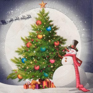 Guardanapo de papel com boneco de neve e árvore de Natal, decoupage para scrapbooking, artesanato para festas de inverno, trenó de Papai Noel, guardanapo de decoupage 13''