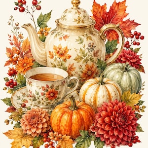 Può includere: Una teiera in ceramica e una tazzina abbinata su un piattino, decorate con motivi floreali arancioni e marroni, circondate da zucche arancioni, una zucca verde pallido, dalie rosse, foglie d'acero autunnali e grappoli di bacche rosse.