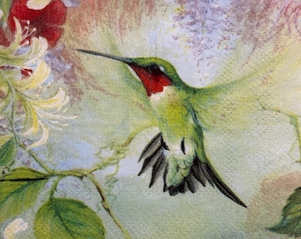 Vintage Hummingbird and Honeysuckle Floral Paper Napkin for Decoupage, Scrapbooking, Cardmaking, DIY Crafting 1PCS 10&#39;&#39; Bird Decoupage Paper