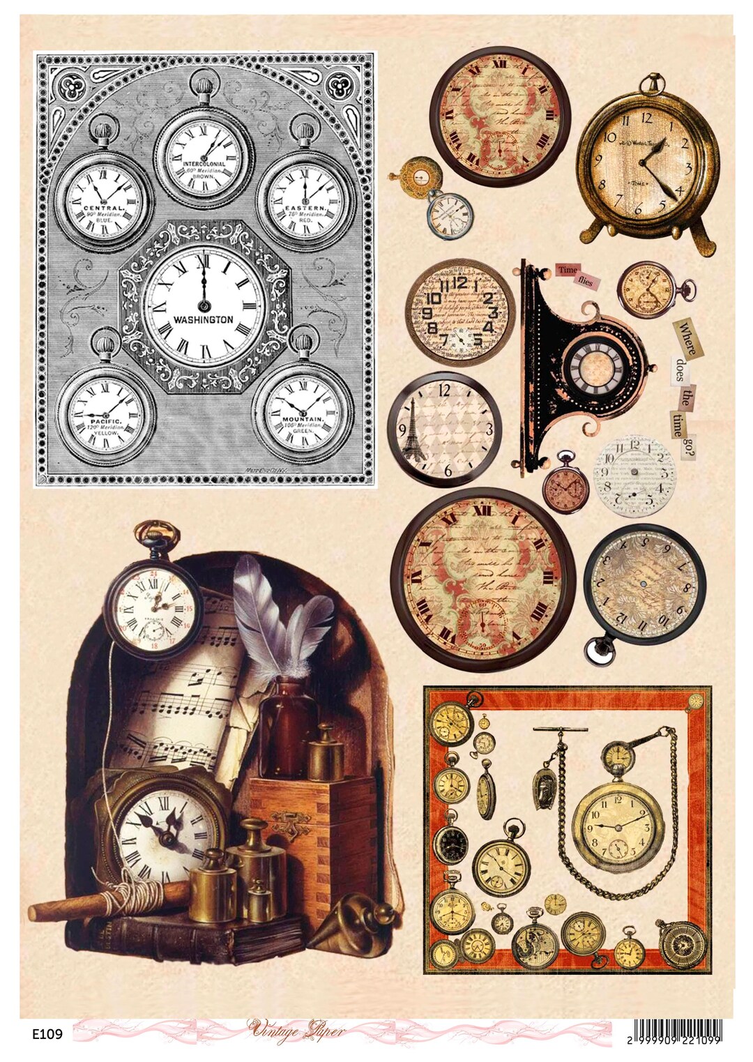 Decoupage Rice Paper Vintage Clocks Pocket Watches Timepieces Steampunk ...