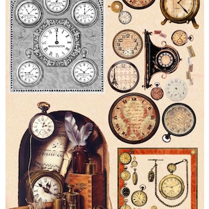 Puede incluir: Un collage de relojes y relojes de bolsillo vintage en varios tamaños y estilos. La imagen incluye una gran esfera de reloj con la palabra "Washington" y varios relojes de bolsillo con diferentes zonas horarias. Otros relojes tienen números romanos y elementos decorativos.