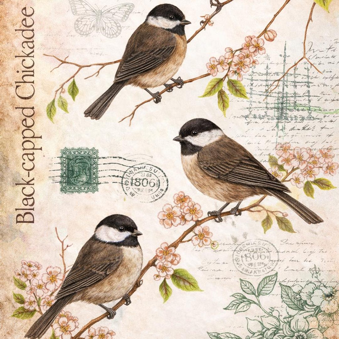 Decoupage Vintage Chickadee Birds Rice Paper Postcard Botanical Branch ...