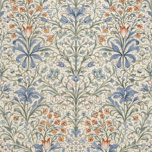May include: A repeating floral pattern with a cream backdrop, featuring symmetrical arrangements of blue, orange, and green stylized flowers and leaves. The design has a classic, decorative style, with a detailed and intricate floral pattern.