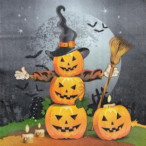 May include: A Halloween-themed illustration features a scarecrow made of stacked jack-o'-lanterns, wearing a black witch hat and holding a broom. The background includes a full moon, bats, and lit candles, creating a spooky atmosphere.