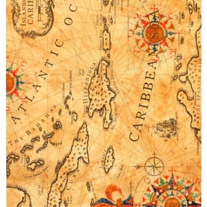 Decoupage Rice Paper Vintage Caribbean Map Old World Nautical Pirate Islands Ocean Compass Antique Paper For DIY Decoupage Project 7&quot;X11&quot;