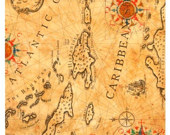 Papier de riz pour découpage, carte vintage des Caraïbes, vieux monde, îles pirates nautiques, boussole de l'océan, papier ancien pour projet de découpage DIY 7 x 11 po