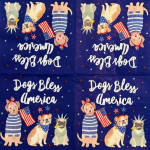 Servilleta "Dogs Bless America" para decoupage con adorables perros patrióticos, bandera estadounidense y estrellas. Servilleta DIY del 4 de julio de 10 pulgadas para el Día de la Independencia de EE. UU.