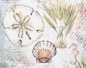 Serviette en papier à découpage dollar sable côtier, coquillage de plage, herbe marine, papier marin vintage pour mariage d'été, décoration de scrapbooking 10 pouces 1 pièce