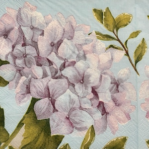 Servilleta de decoupage con flores de hortensia para manualidades, decoración primaveral, tarjetas, álbumes de recortes y proyectos de bricolaje con diseño floral rosa y verde de 25 cm (1 unidad).
