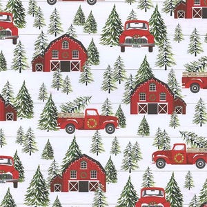 May include: A repeating pattern featuring red pickup trucks with Christmas wreaths and Christmas trees on a white wood-grain background. Red barns with Christmas lights are also featured. The word "NOEL" is on the front of some trucks.