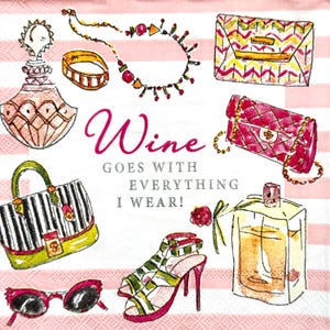 Pink Fashion Paper Napkin for Decoupage, Accessories, Wine Quote, Handbags, Heels, Perfume, Jewelry Decoupage Napkin for DIY Craft 10'' 1PCS
