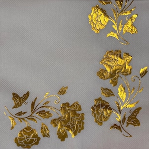 Élégante serviette en papier blanche et dorée pour décoration avec motif floral de roses - Idéale pour le bricolage et les décorations de scrapbooking - 13 x 13 po.