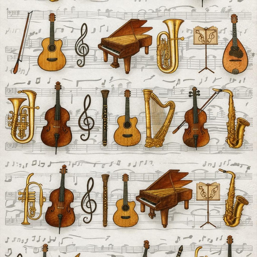 Vintage Musical Instruments Decoupage Rice Paper Piano Violin Guitar ...