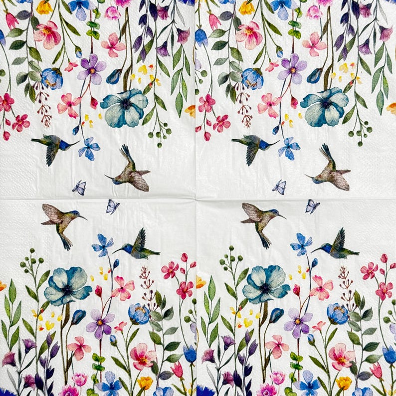 Spring Hummingbirds and Wildflowers Decoupage Paper Napkin for Floral ...