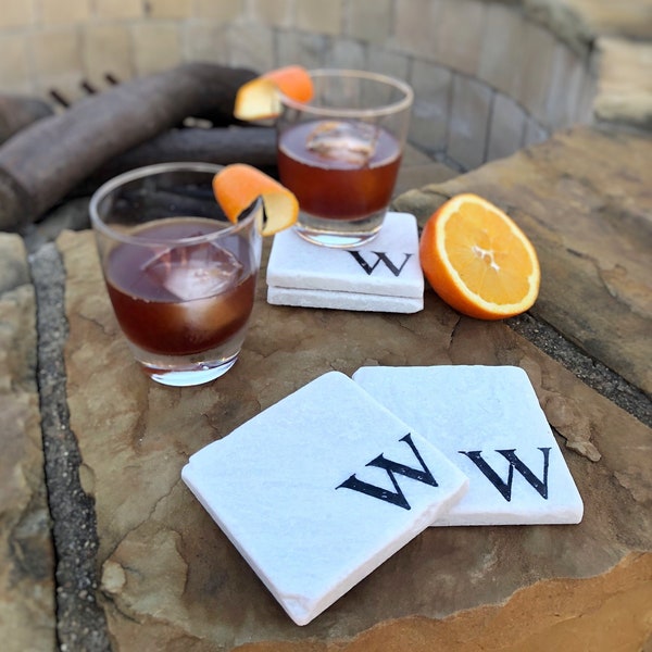 Custom Family Initial Marble Coaster Set - Marble Coasters - Bar Gift