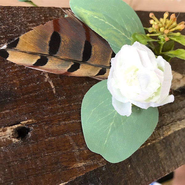 Rustic Boutonnière with quail feathers and eucalyptus