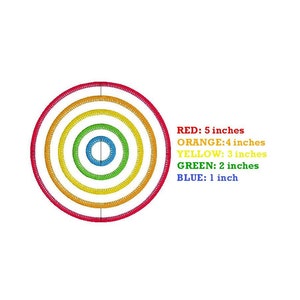 May include: A colorful concentric circle design with five rings in red, orange, yellow, green, and blue. The rings are labeled with their corresponding colors and measurements in inches.