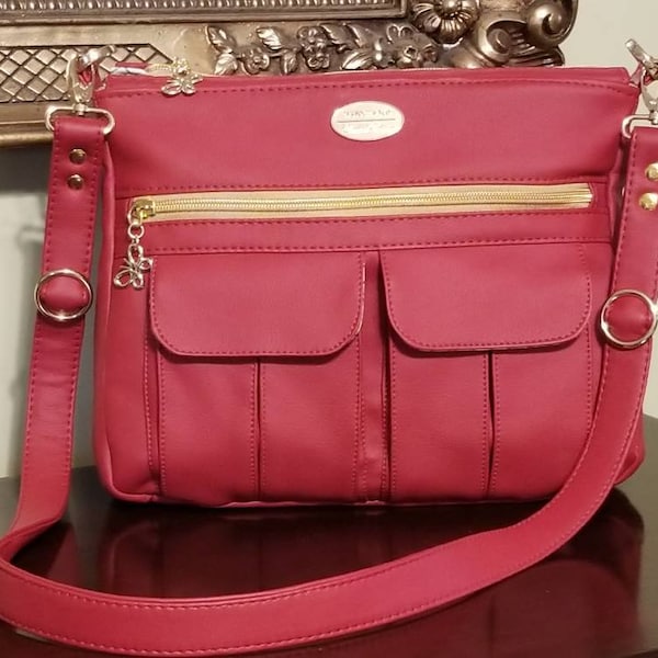 Handcrafted Red Vegan Leather Shoulder Bag. Pattern is the Sydney by Swoon. Designed and Sewn by Gina.