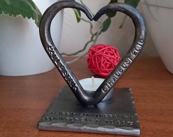 Blacksmith made 11th anniversary gift - steel wedding - steel Heart - Personalized gift for him for her - Candle holder - Next day shipping