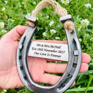 Blacksmith made Steel Horseshoe - 11th Anniversary gift for him her - Custom Engraved Steel gift - Wedding party gifts
